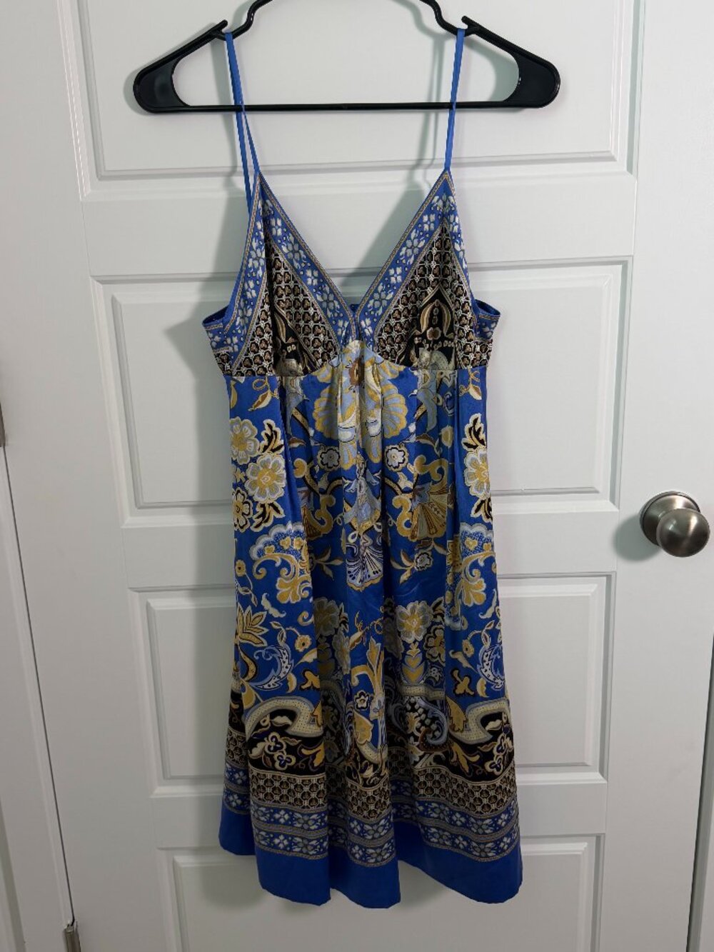 Silk Blend Blue Paisley Slip Dress Spaghetti Strap Boho Medallion Print Mini